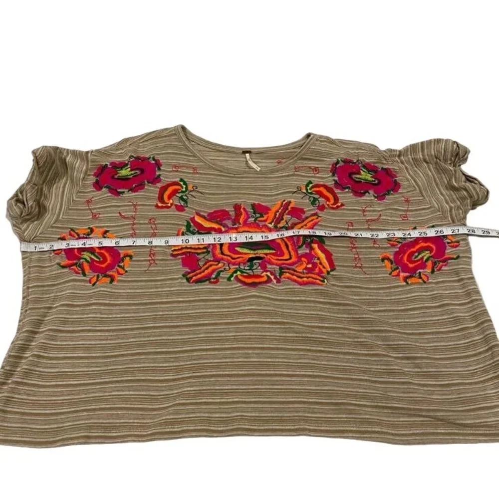 Free People Catalunya Embroidered Striped Cuffed‎ Sleeves Top Size S
